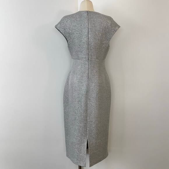 St. John Metallic Knit Cap-Sleeve Twist Front Midi Dress Silver Wool Blend US 10 - Picture 6 of 10